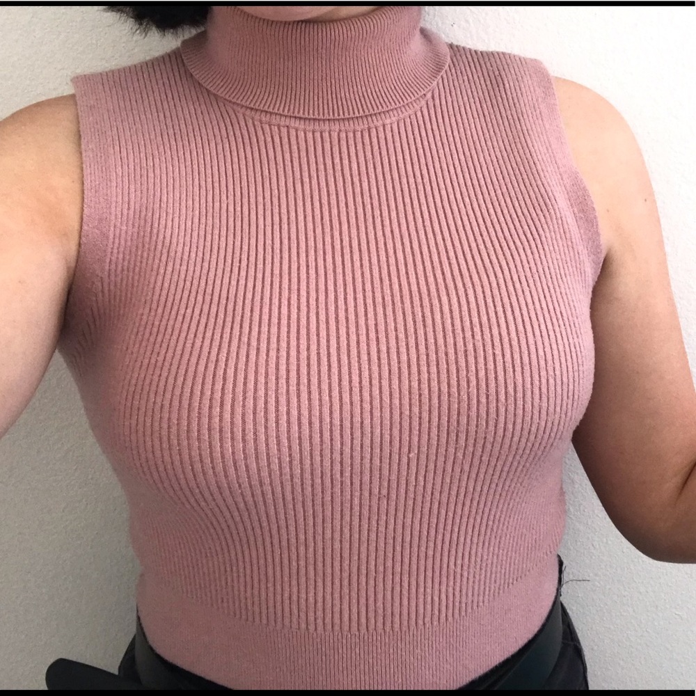 Pink Ribbed Sleeveless Turtleneck Shirt